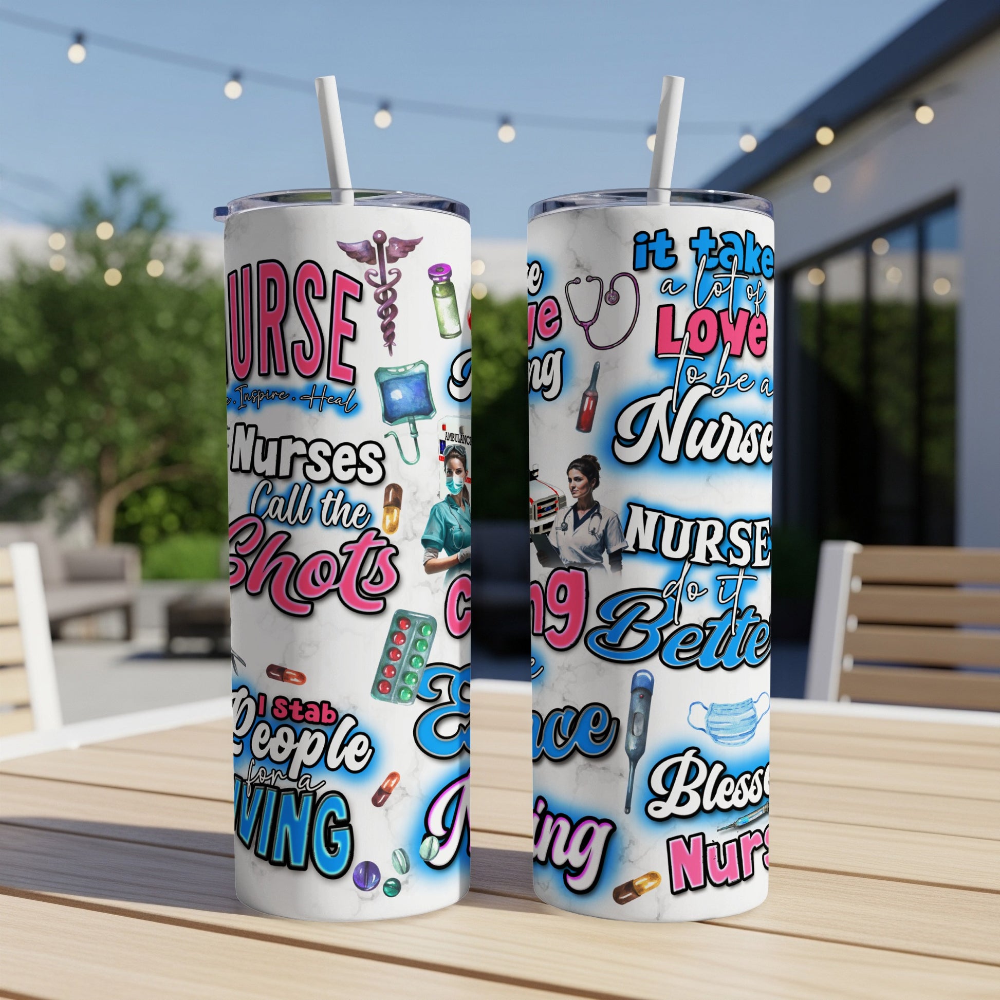 Two nurse-themed tumblers with medical icons and text.