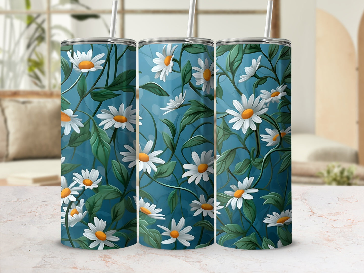 Daisy flower pattern blue background tumbler product type