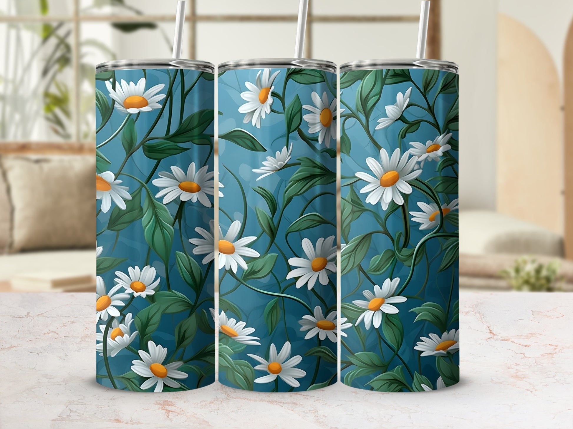 Daisy flower pattern blue background tumbler product type