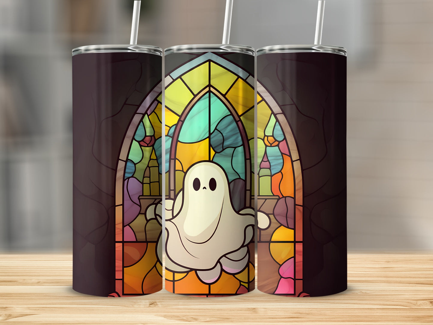Ghost in stained glass window design on a tumbler.