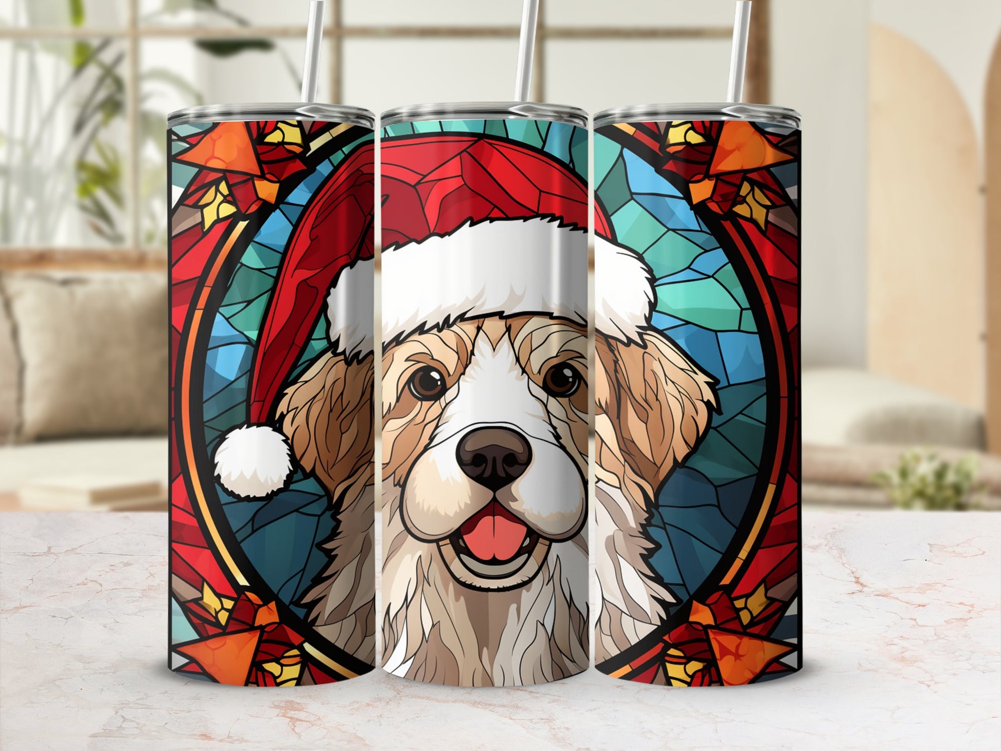 Dog wearing Santa hat with stained glass halo, on a tumbler.
