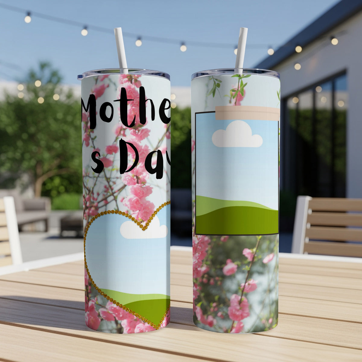 Tumblers with "Mother's Day" text and pink cherry blossoms.