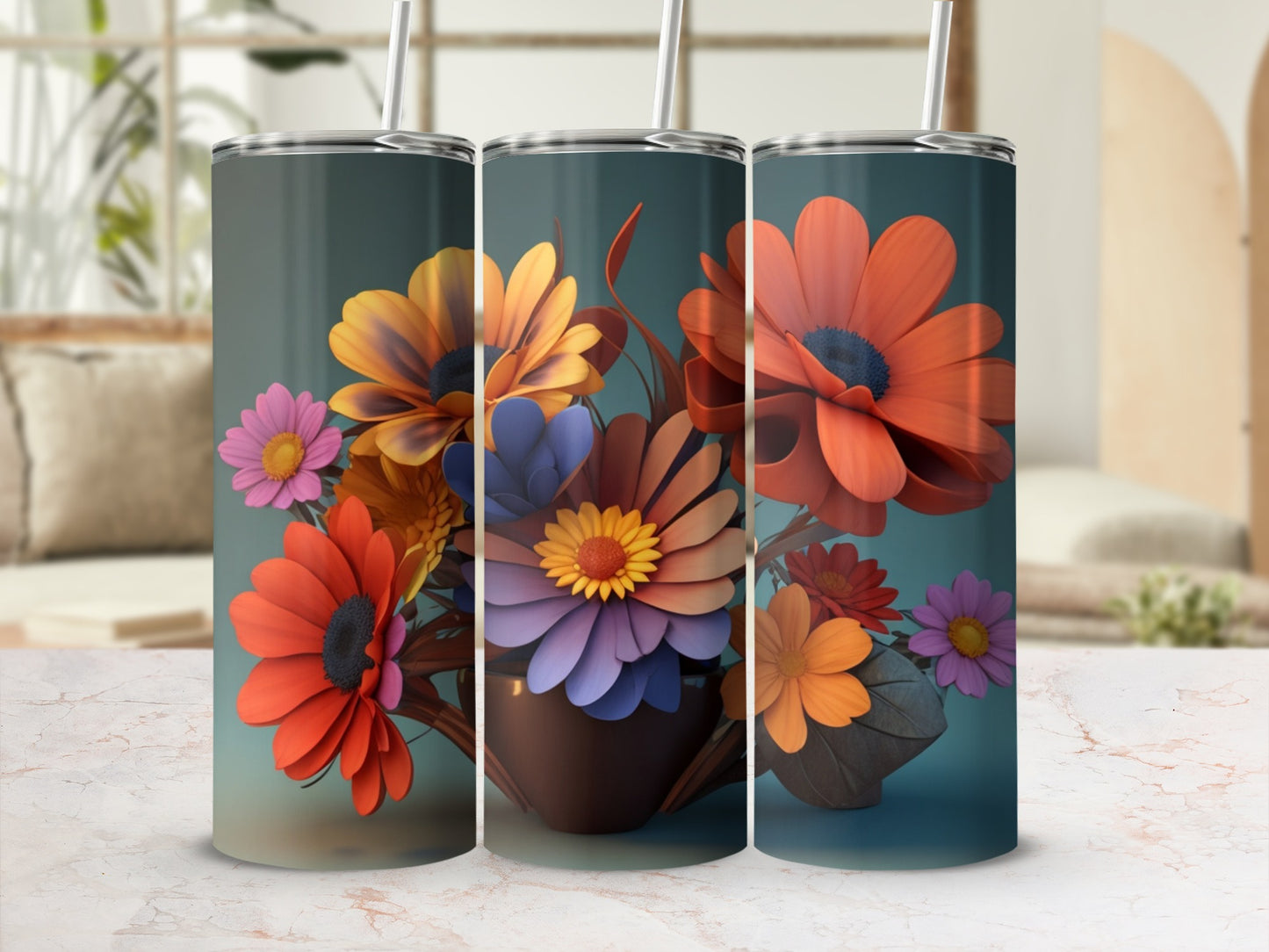 Three tumblers featuring a floral design with orange, purple, and pink flowers.