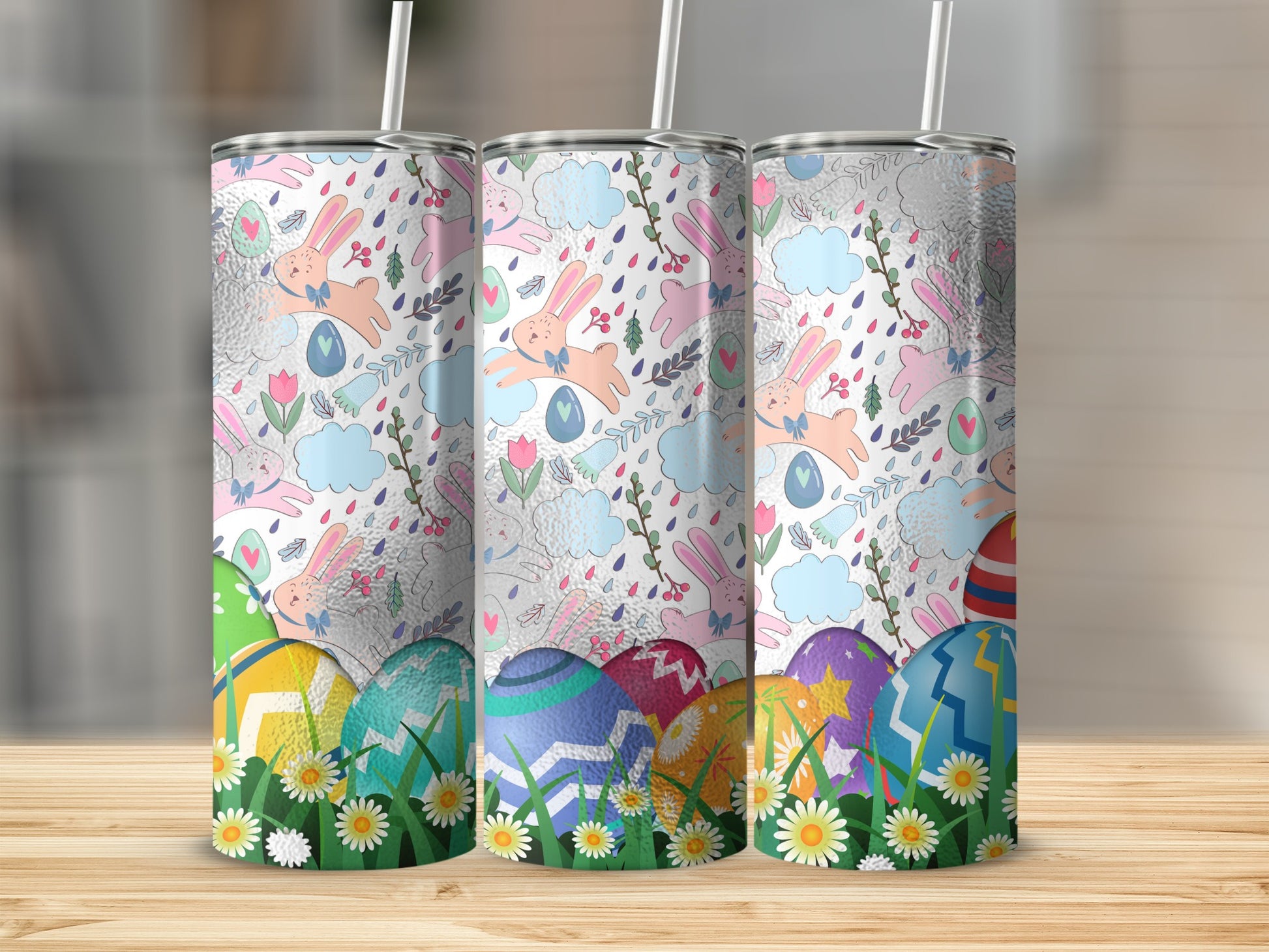 Easter-themed tumbler with bunnies, eggs, and clouds pattern.