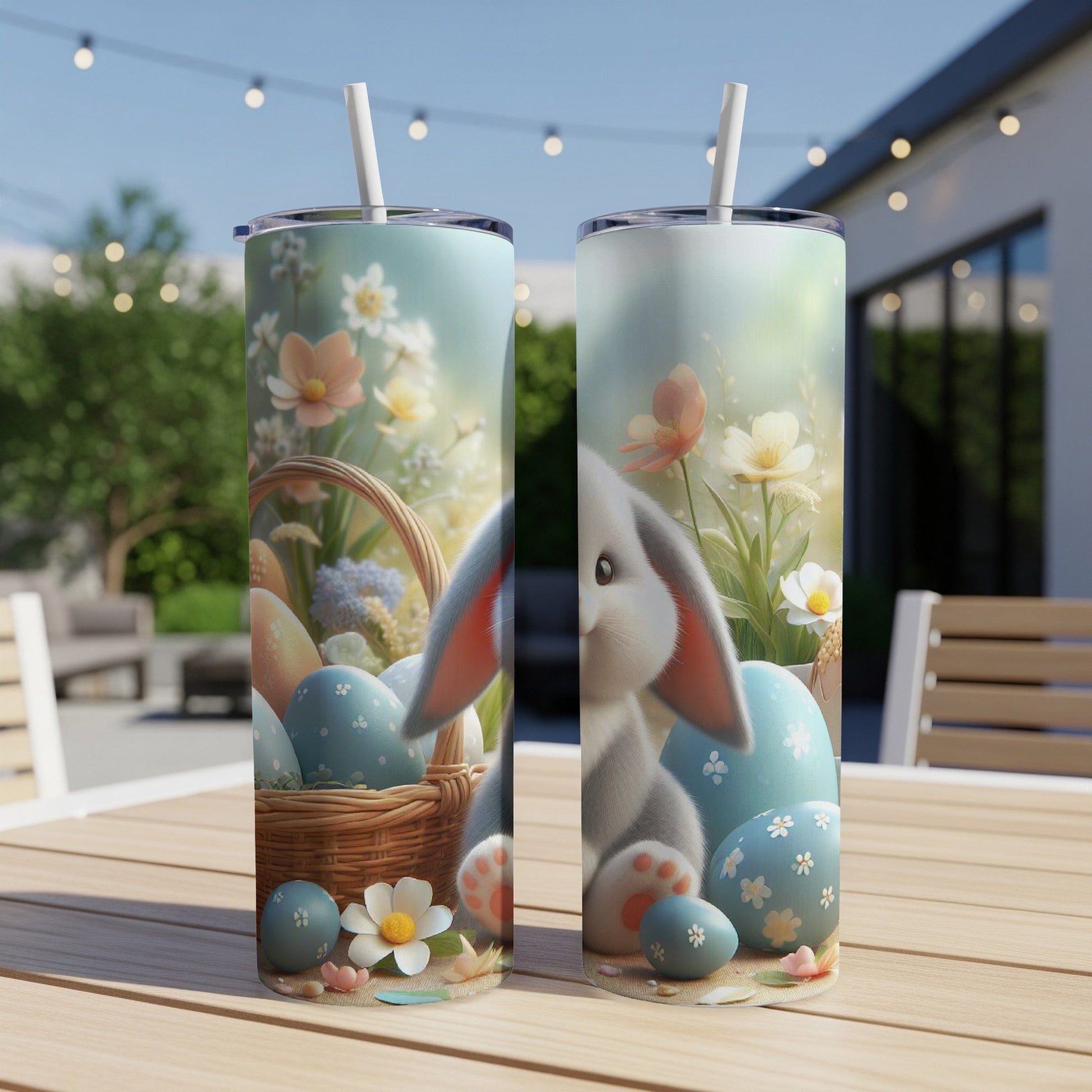 Easter bunny and eggs on a tumbler with pastel floral background.