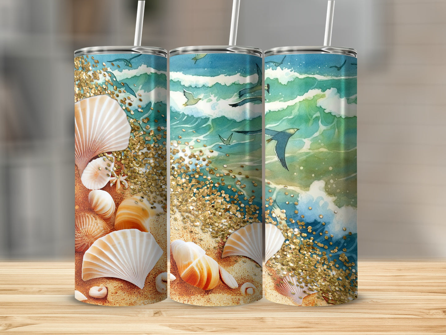 Seashells and seagulls on a beach with sparkling sand.