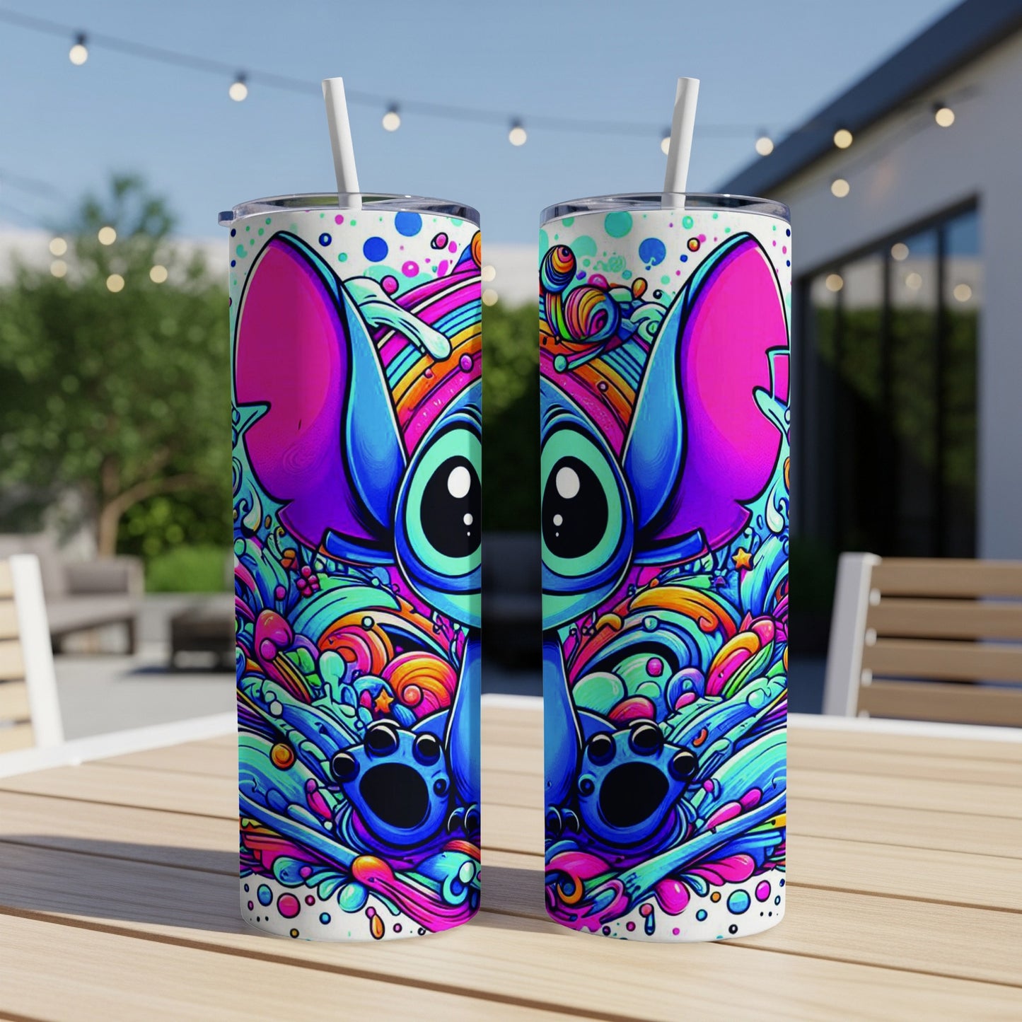 Two colorful Stitch tumblers with vibrant, psychedelic patterns and straws.