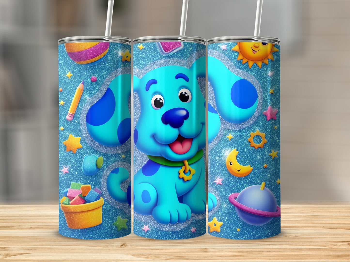 Cute Blue Dog Cartoon with Stars and Planets Tumbler