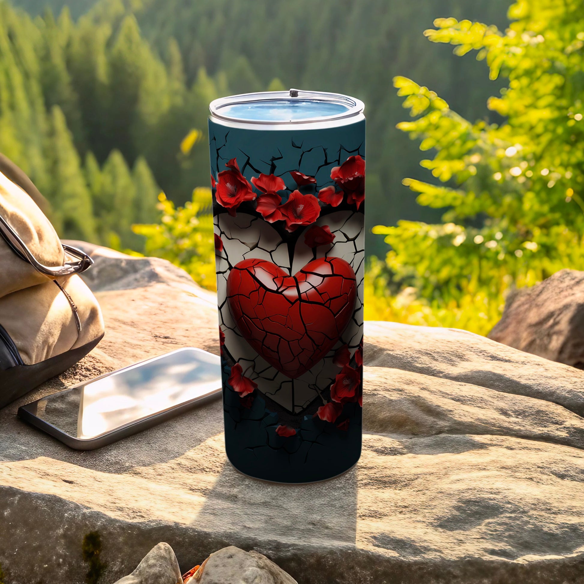 Cracked Heart with Red Flowers Insulated Tumbler Product