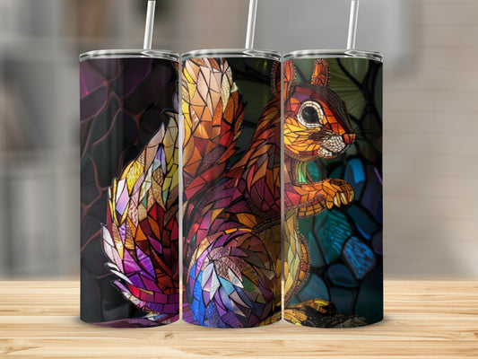 Colorful stained-glass squirrel design on three insulated tumblers.