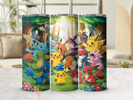 Pokemon characters in a forest clearing with sunbeams.