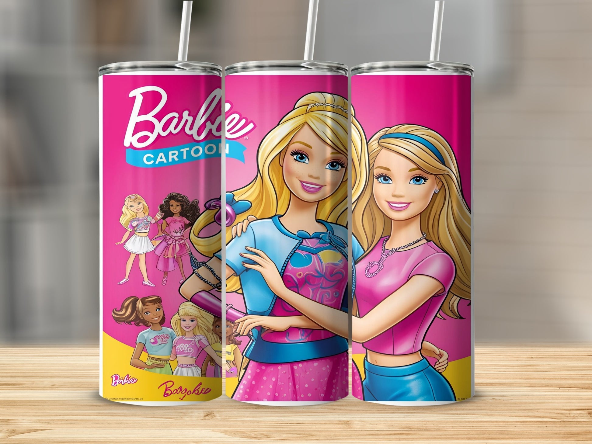 Barbie cartoon illustration on pink tumblers with straws.