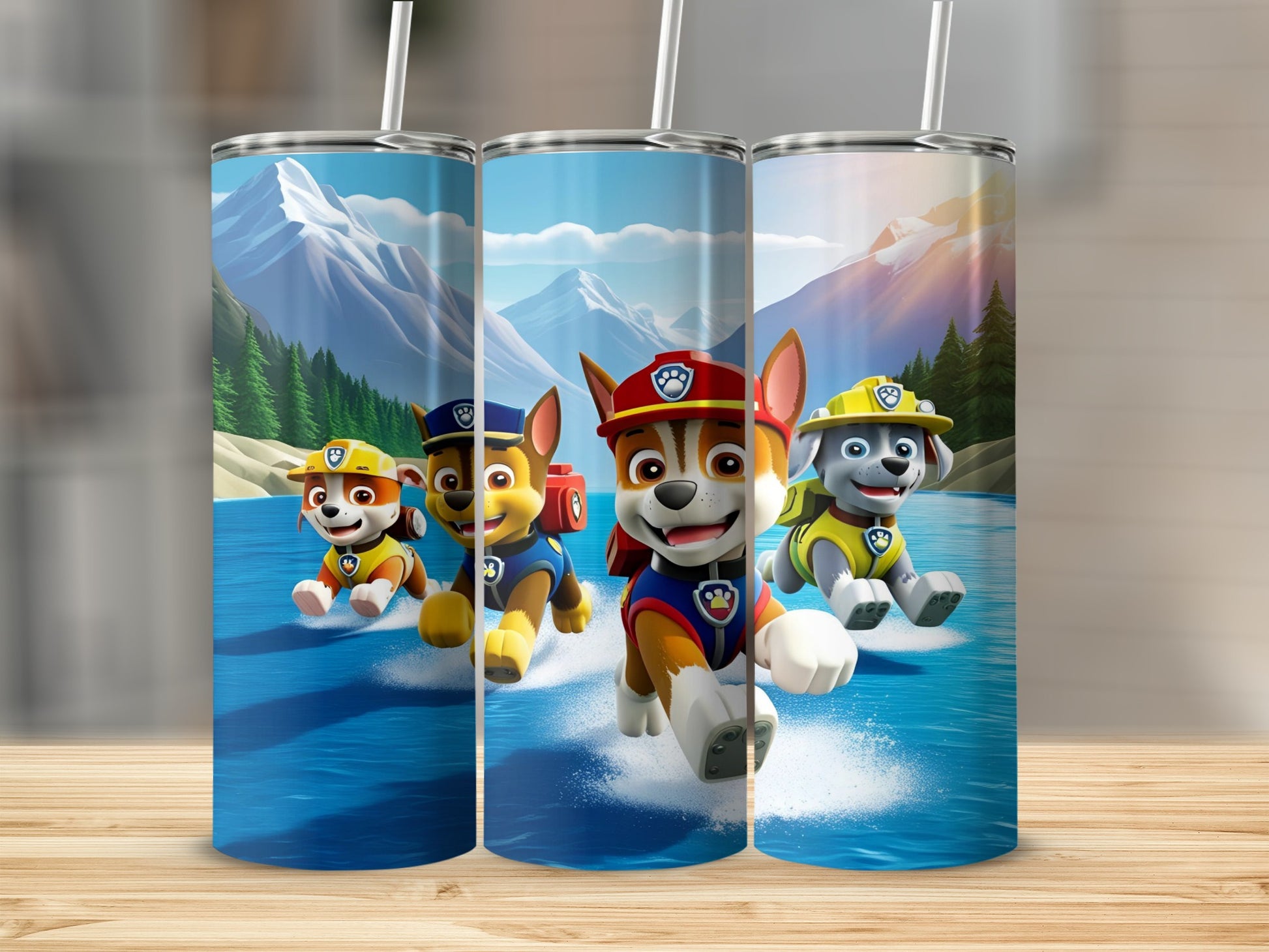 Paw Patrol dogs running through water with mountains in background.