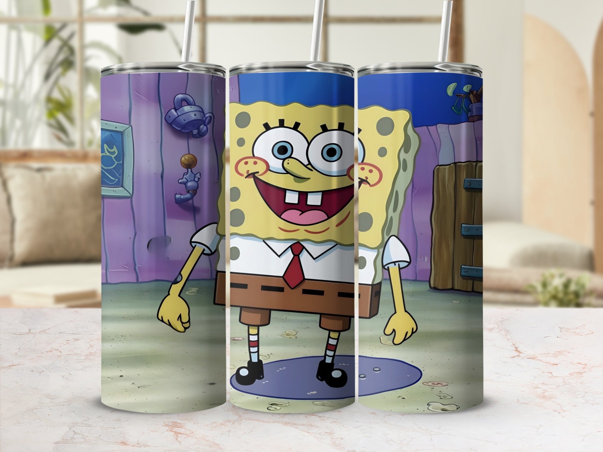 SpongeBob SquarePants character with a white shirt and red tie on a tumbler.