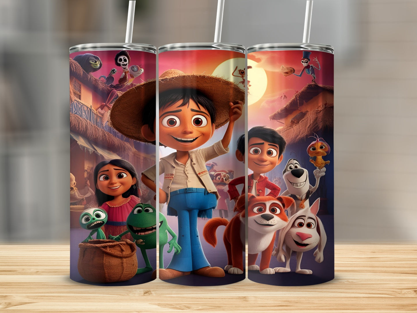 Miguel and friends from Disney's Coco movie on a patterned tumbler.