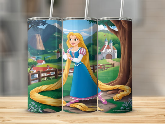 Rapunzel with long blonde hair in a blue dress, standing in front of a castle.