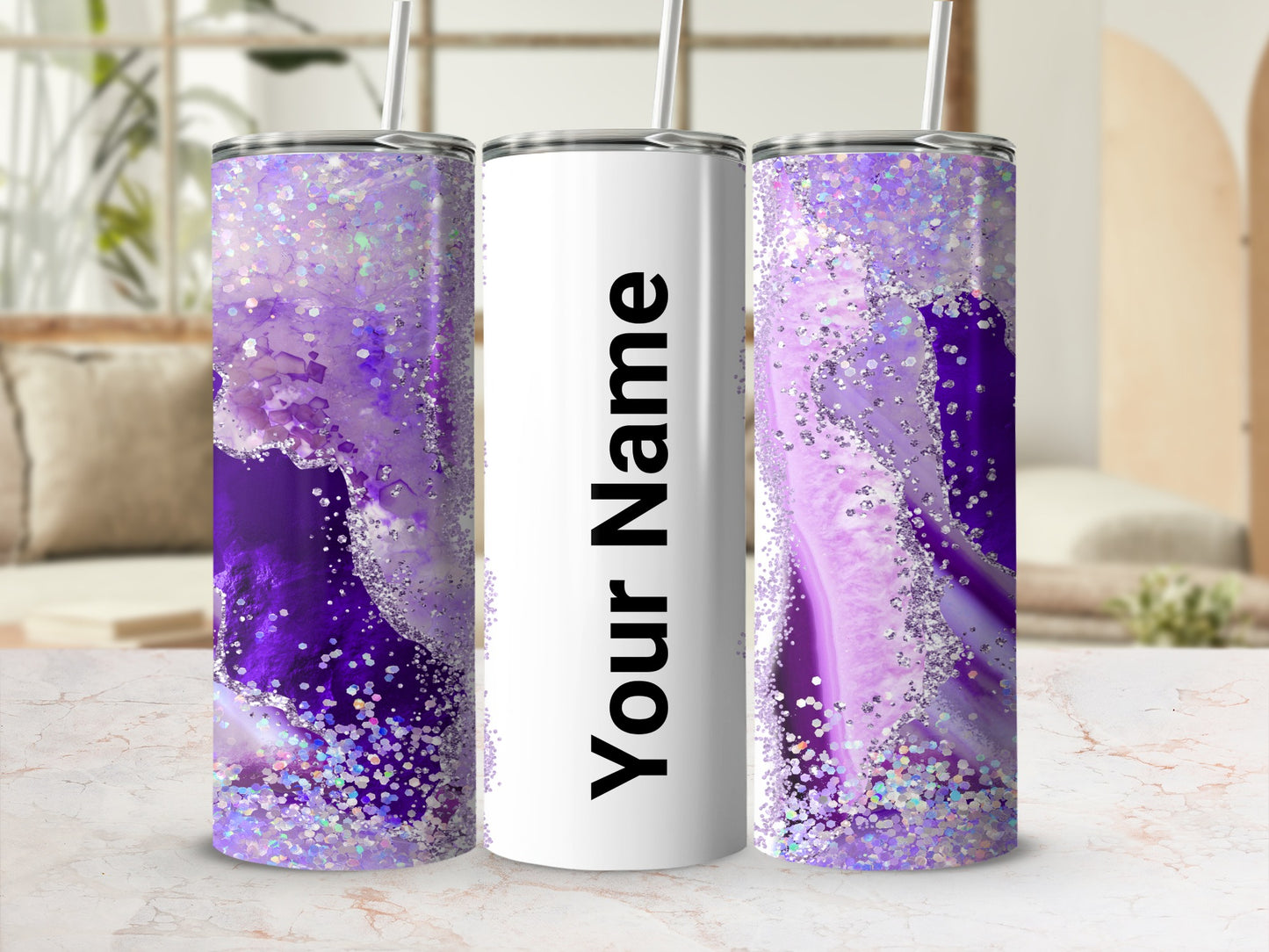 Personalized Glittery Purple Tumbler with Straw Flask