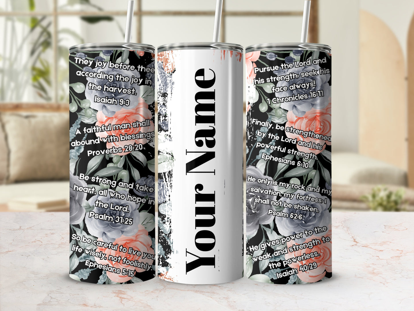 Personalized Floral Scripture Verses Stainless Steel Tumbler