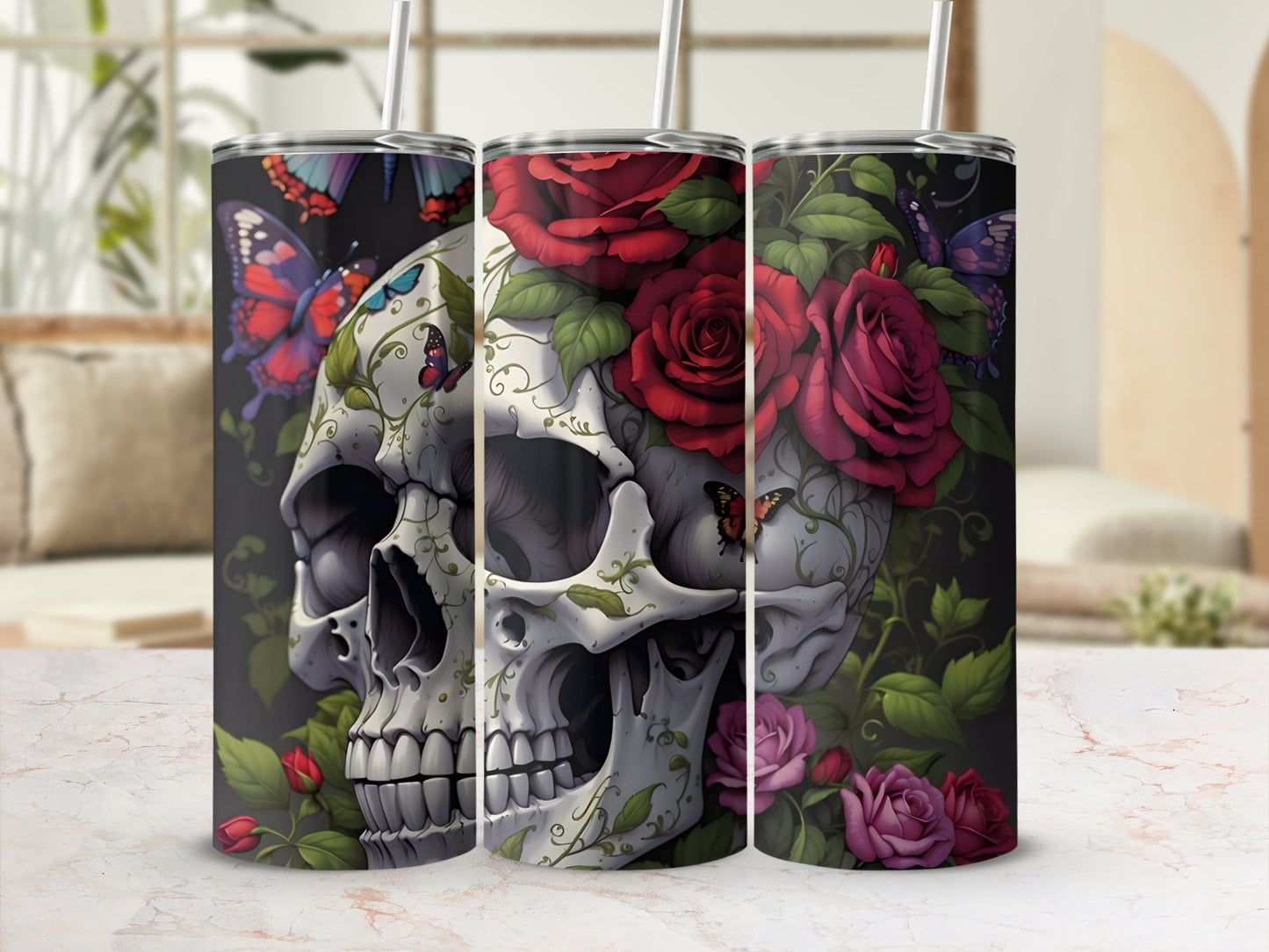 Skull with roses and butterflies, for a tumbler design.