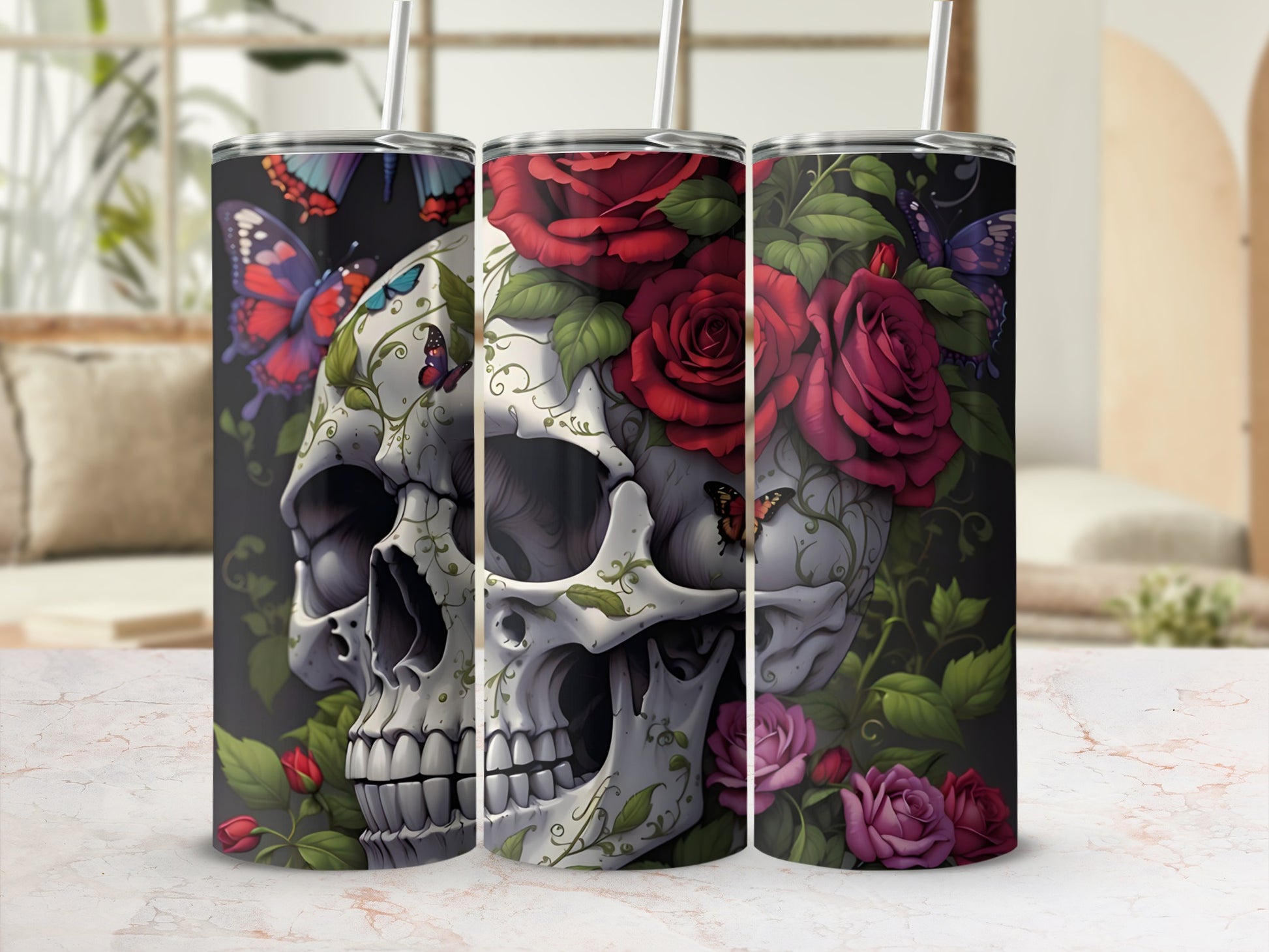 Skull with roses and butterflies, for a tumbler design.