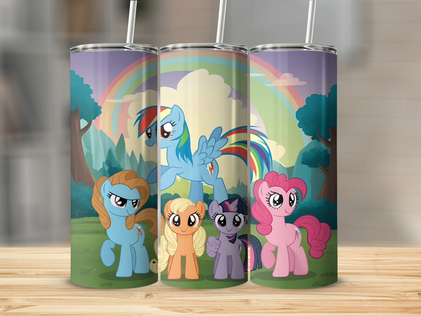 My Little Pony characters on colorful tumblers with rainbow background.