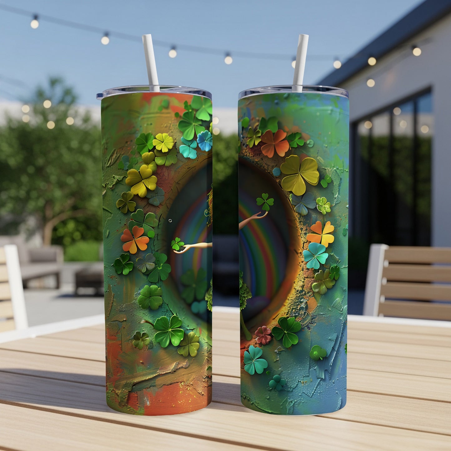 Two Saint Patrick's Day themed tumblers with shamrocks and a rainbow.