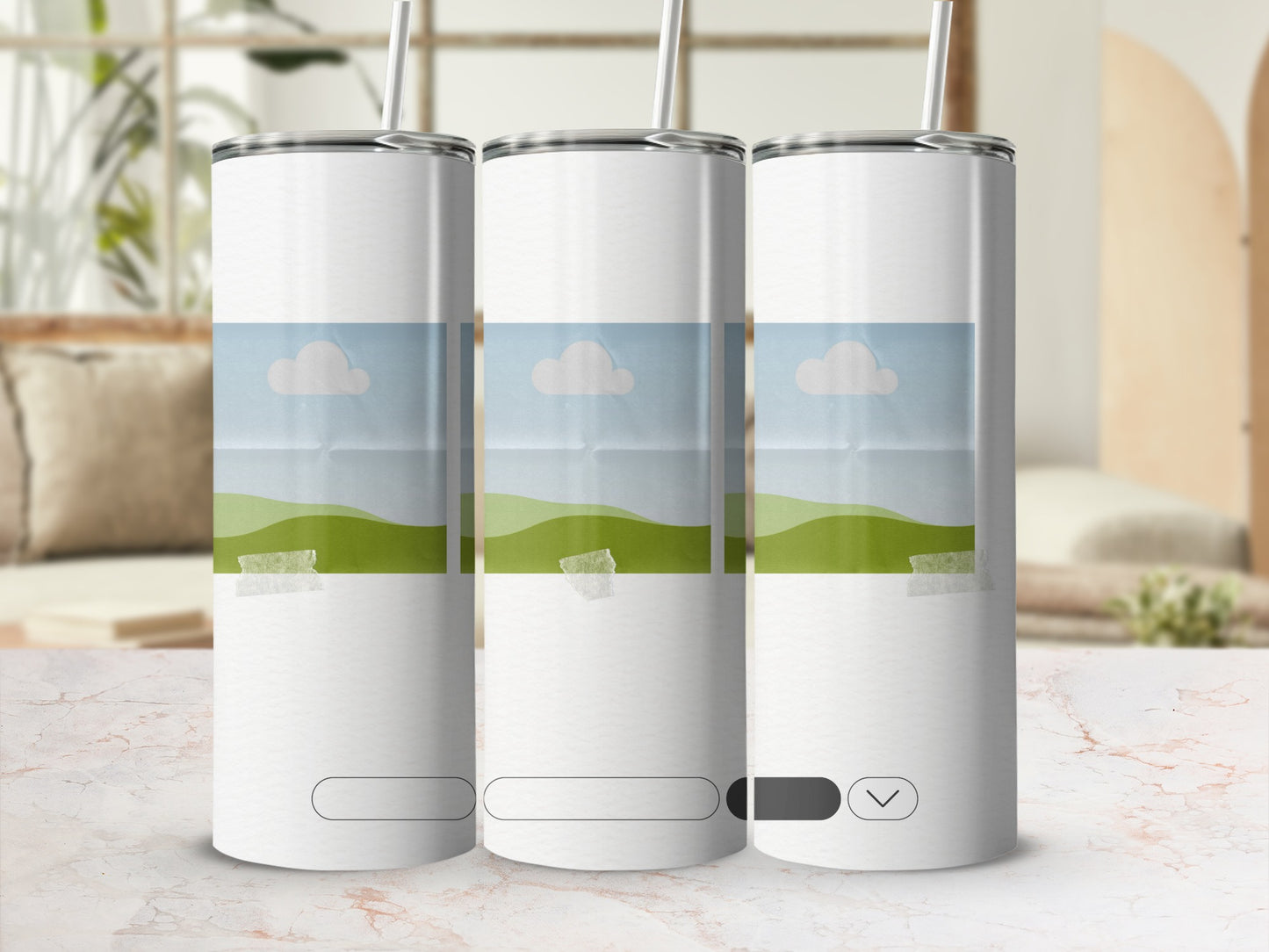 Three white tumblers with a wavy green and blue landscape design.