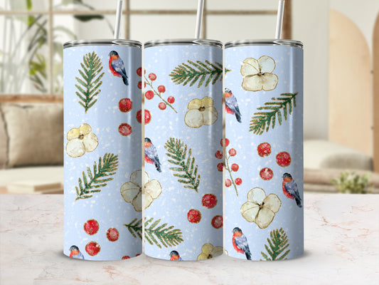 Three tall, slender tumblers with a winter bird and floral design.