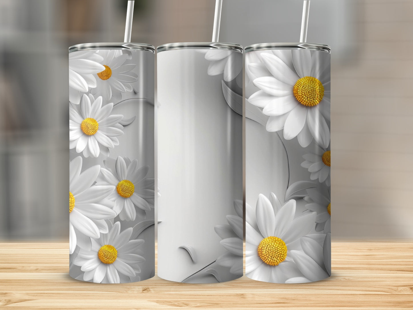Three white daisy tumblers on a wooden surface, some with full flower design.
