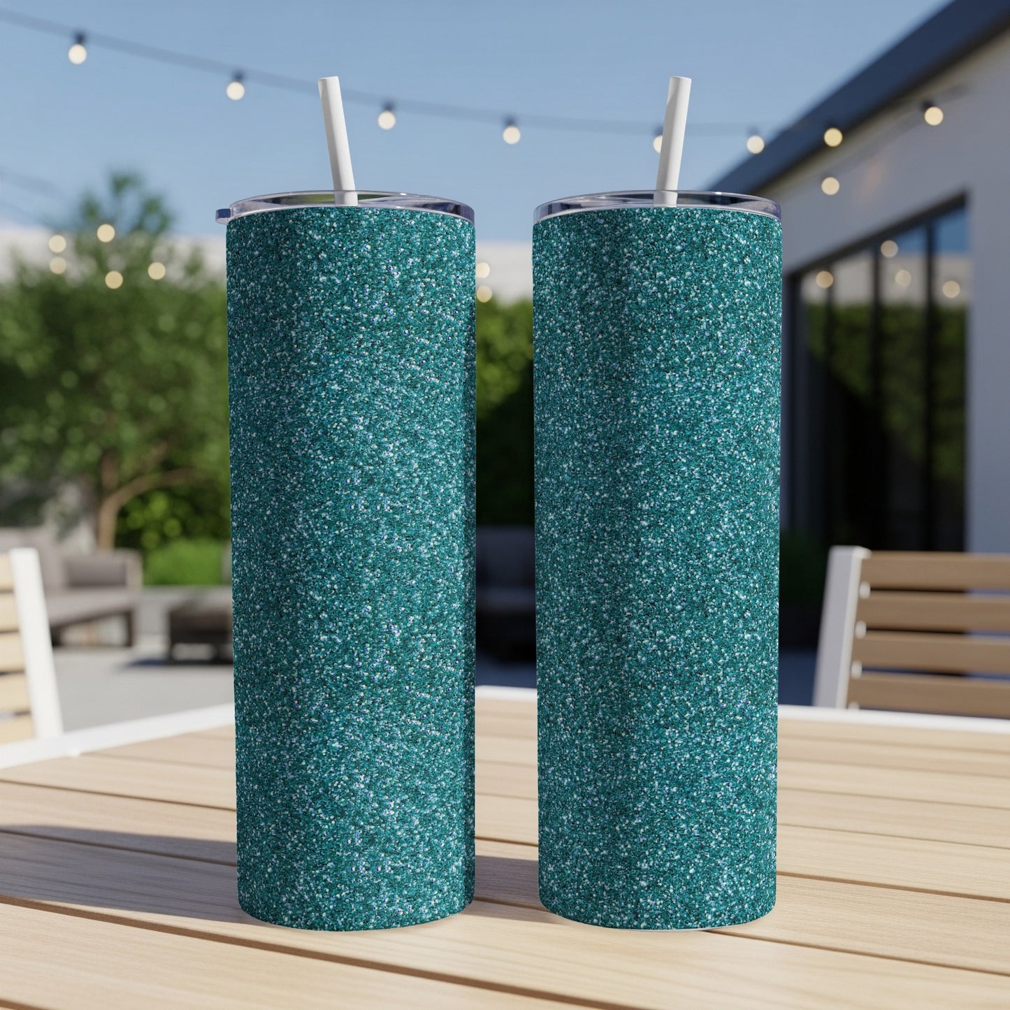 Two teal glitter tumblers with white straws sit on a wooden table outdoors.