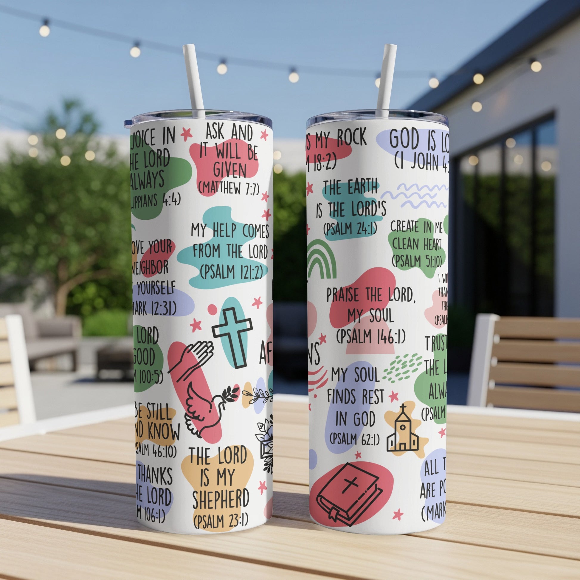 Tumbler with religious phrases like "My Shepherd" and "Ask and it will be given."