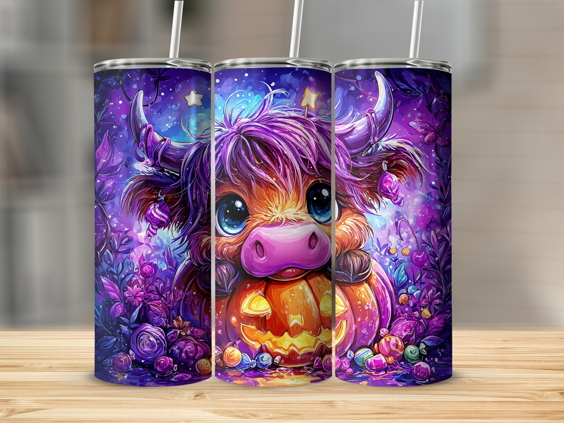 Adorable Highland Cow with Pumpkin Straw Cup