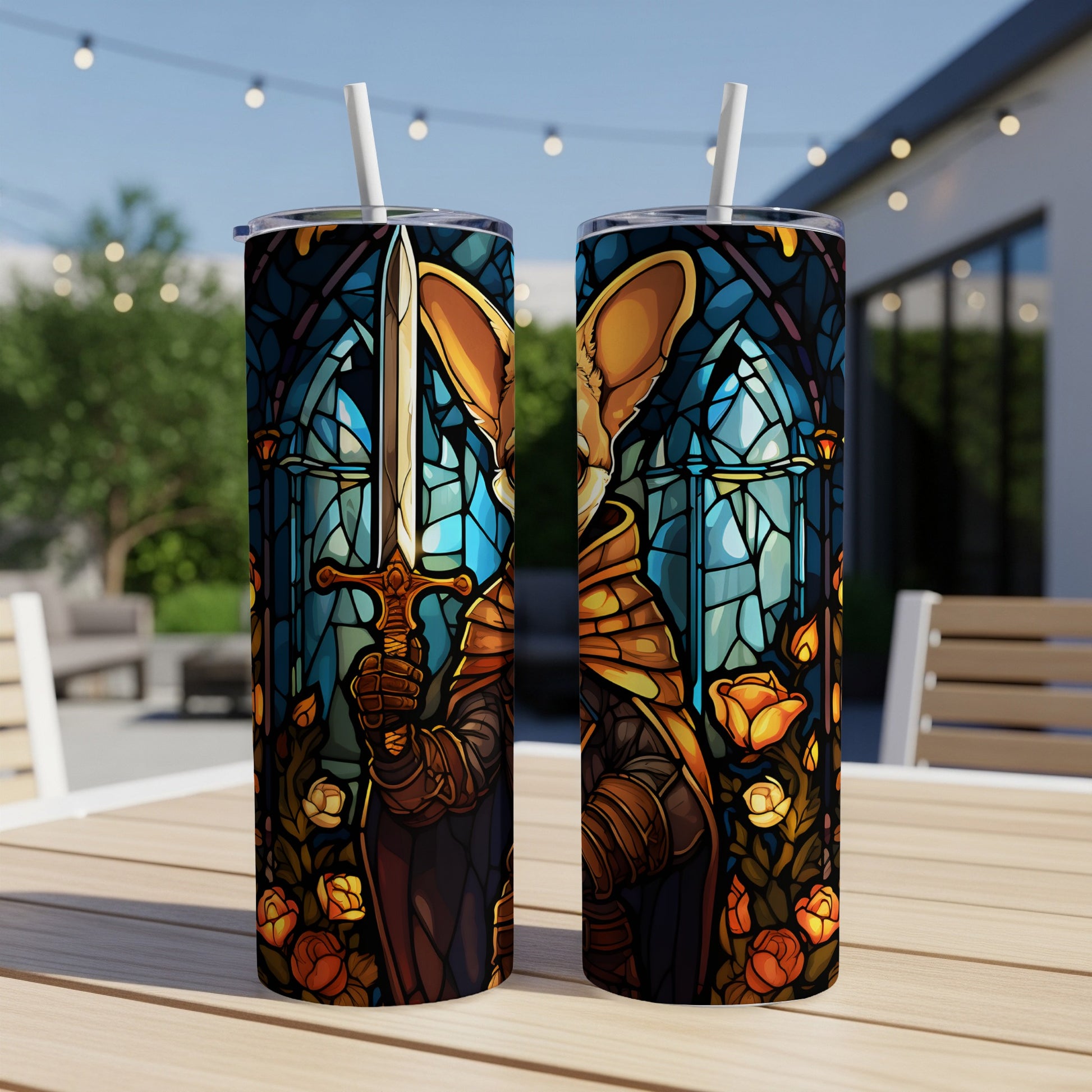Two tumblers with a stained glass design of a fox knight holding a sword.