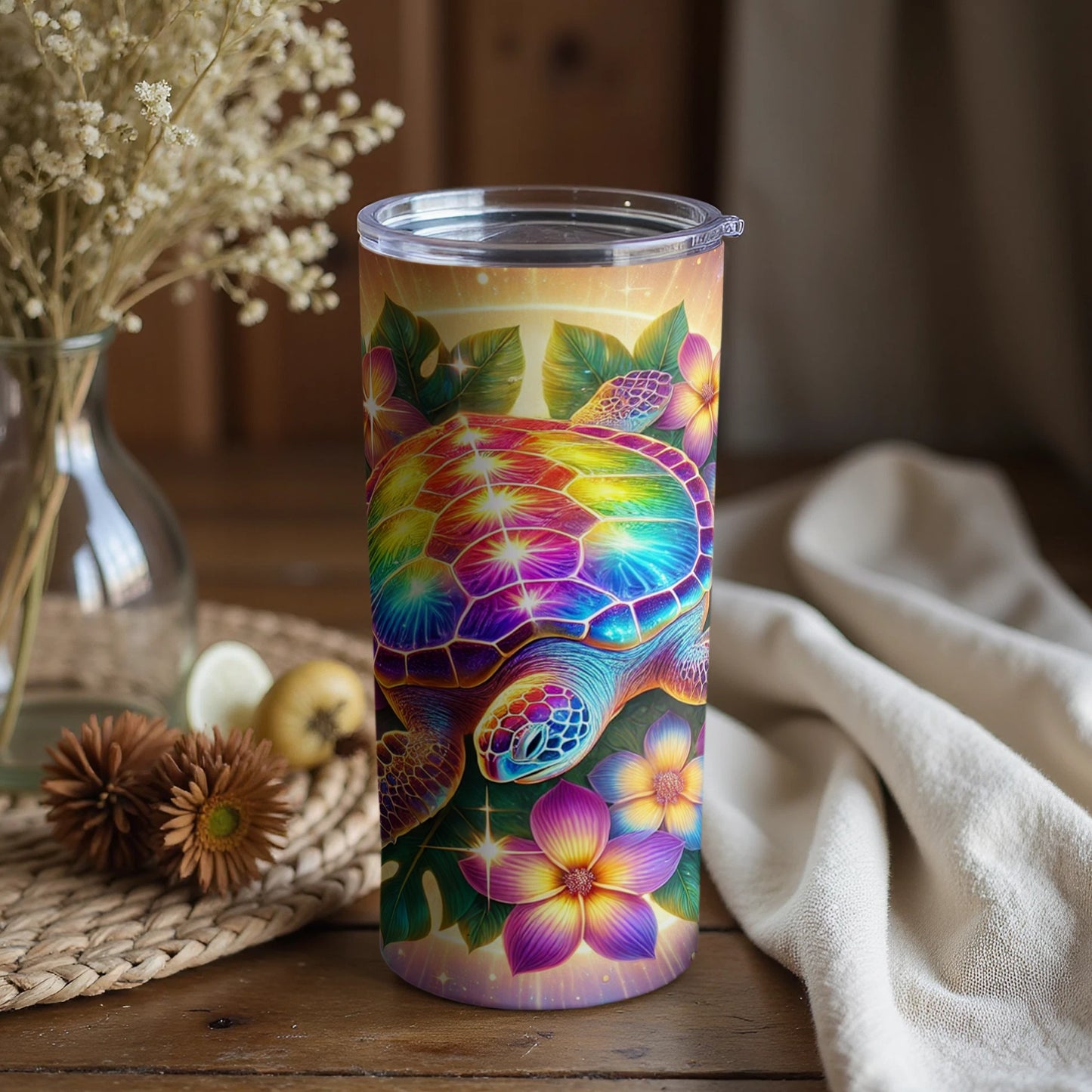 Vibrant Turtle and Flowers Design Tumbler Cup