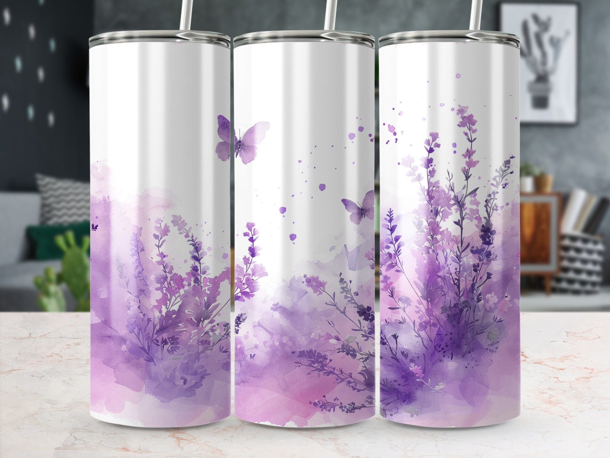 Three tumblers with lavender watercolor designs and purple butterflies.