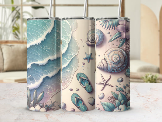 Beach-themed tumblers with ocean waves, shells, and flip-flops.