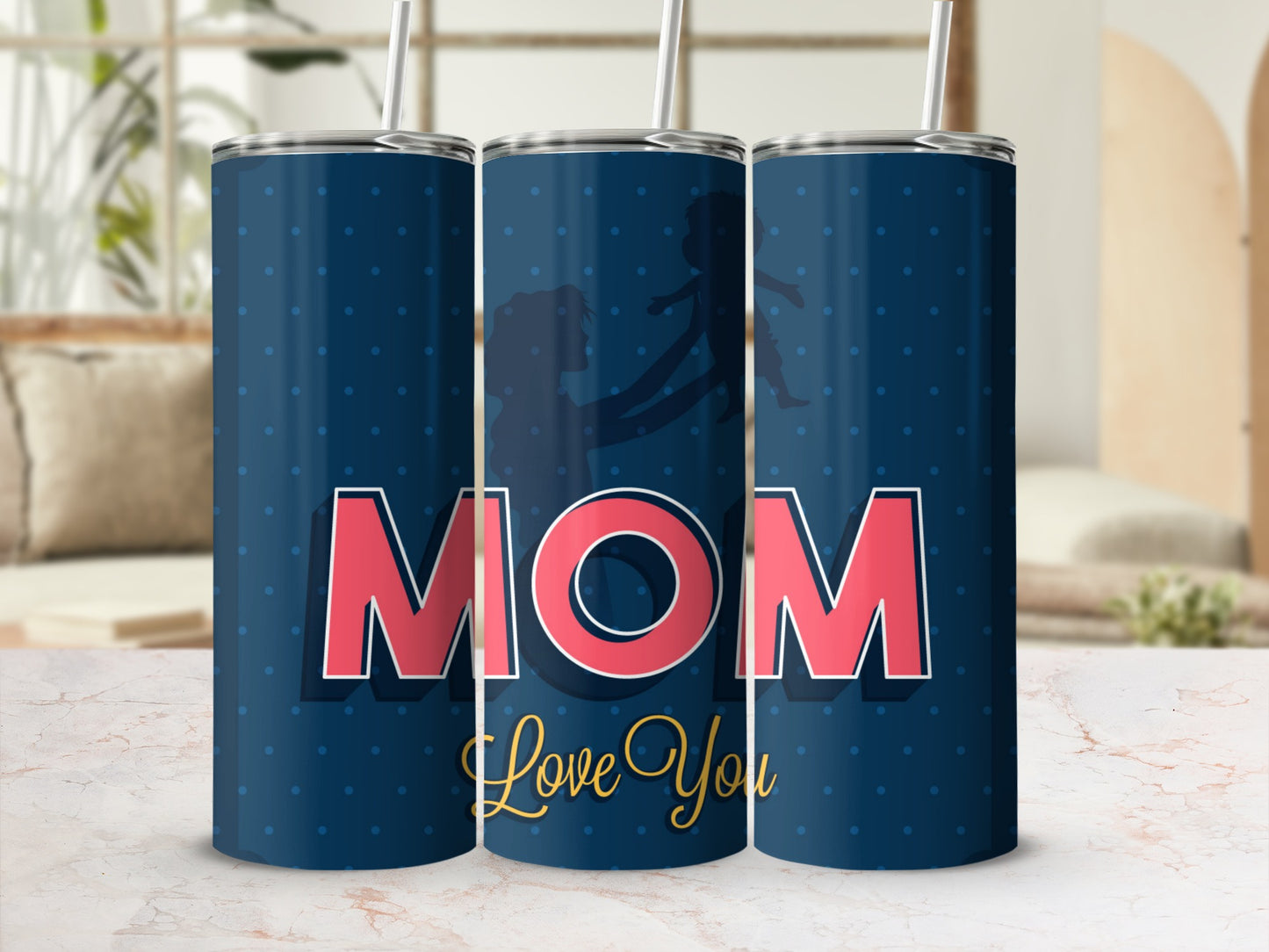 MOM Love You With Silhouette Blue Polka Dot Tumbler
