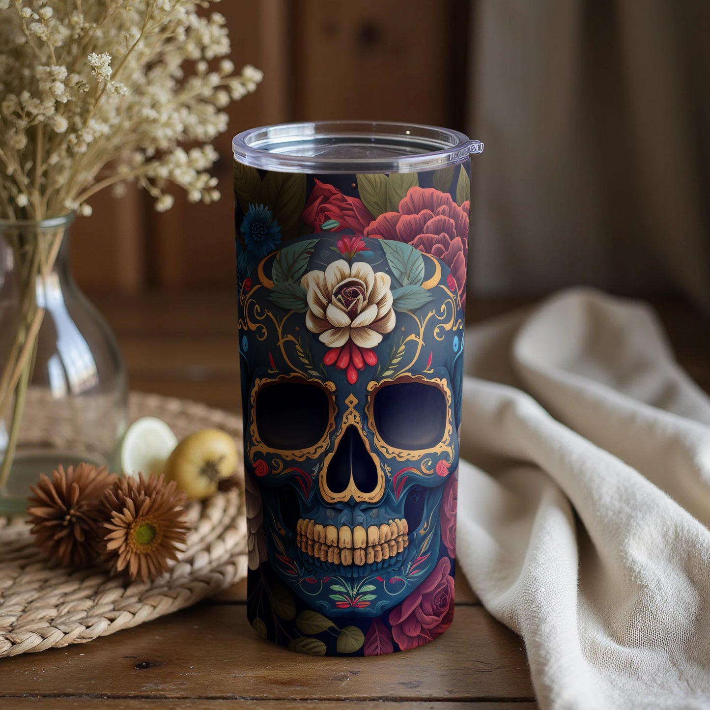 Vibrant Skull Art Insulated Tumbler For Beverages