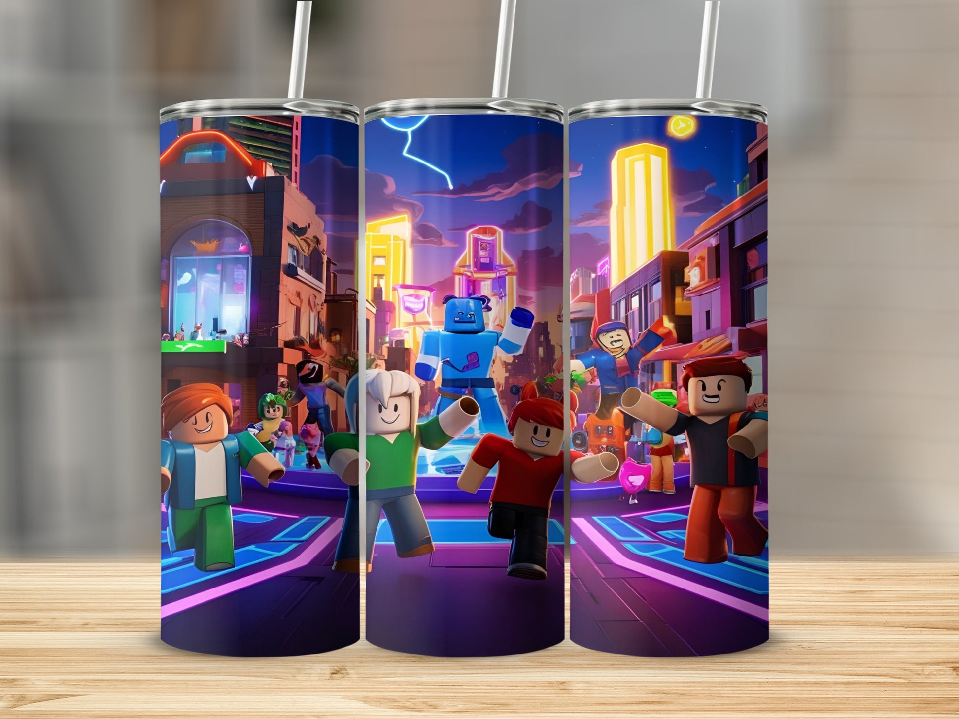 Roblox characters in a neon city environment.