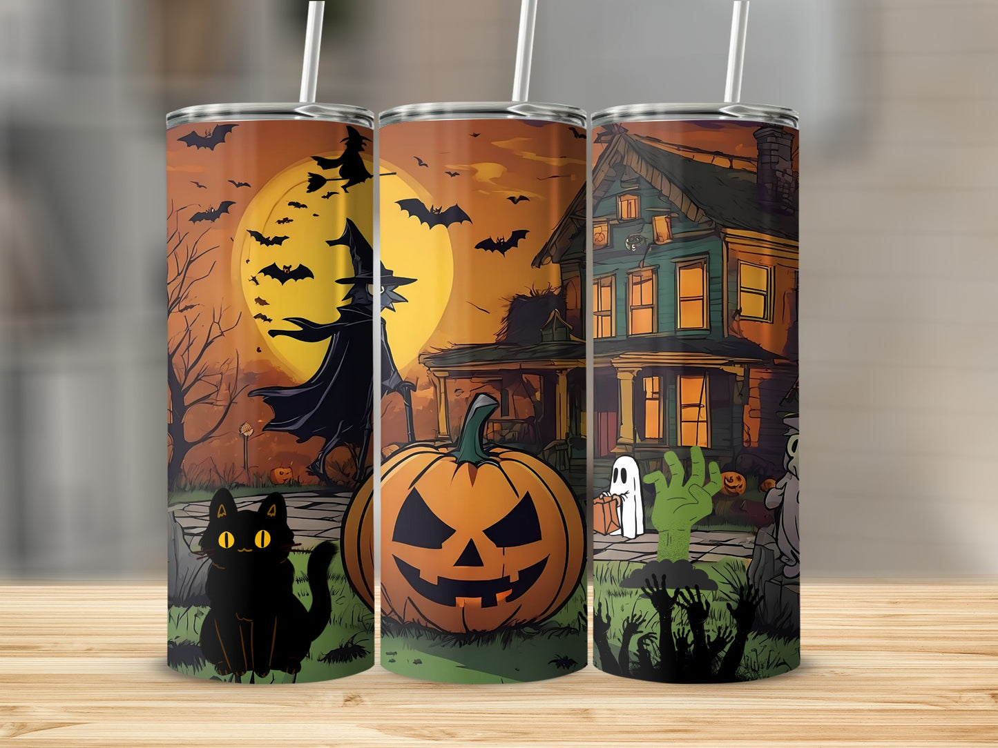 Halloween tumblers with witch, pumpkin, haunted house, ghost, zombie, and black cat designs.