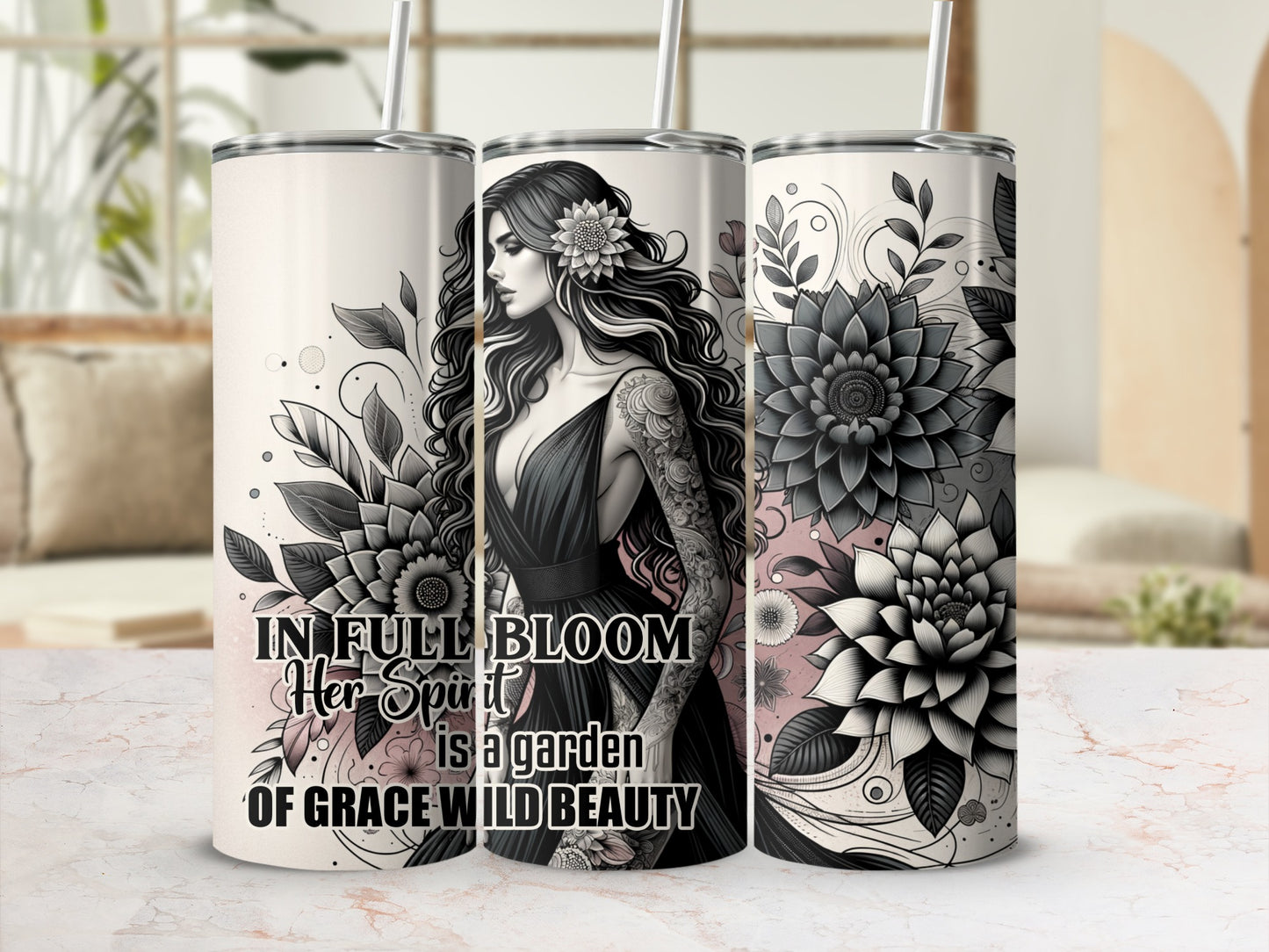 Floral tumbler with text "In Full Bloom Her Spirit is a Garden of Grace and Beauty."