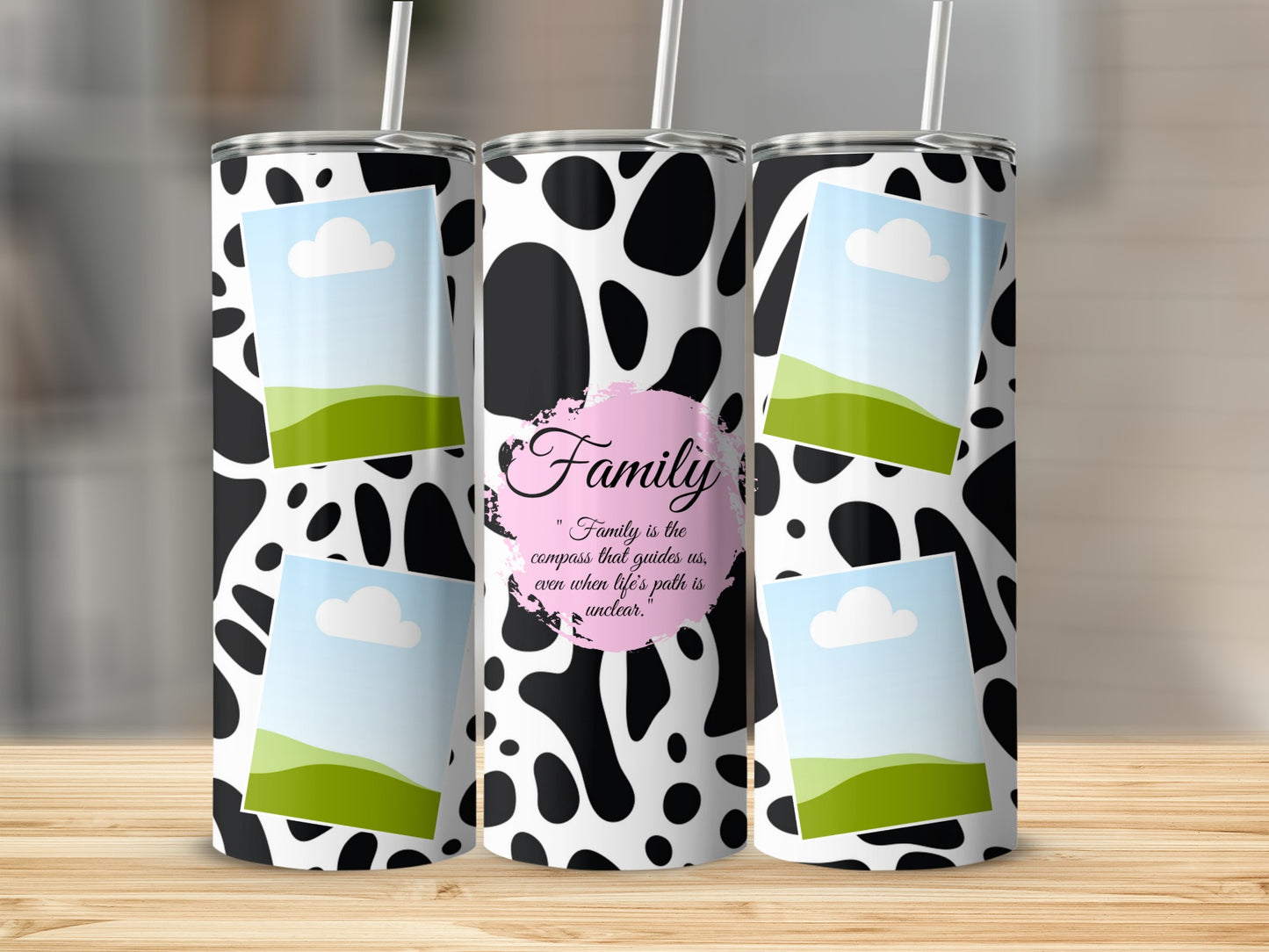 Three tumblers with cow print and personalized photo frames, one with "Family" quote.
