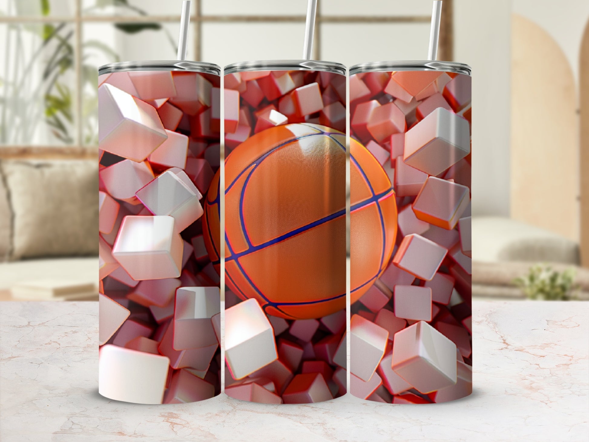 Three tumblers with a basketball and cubes design.