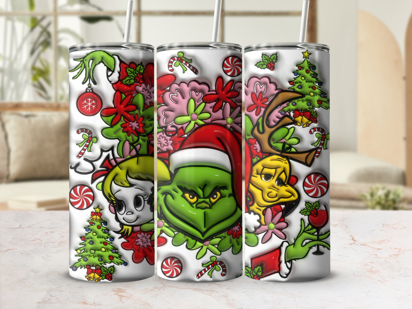 Festive Grinch Tumbler With Candy Canes and Christmas Tree