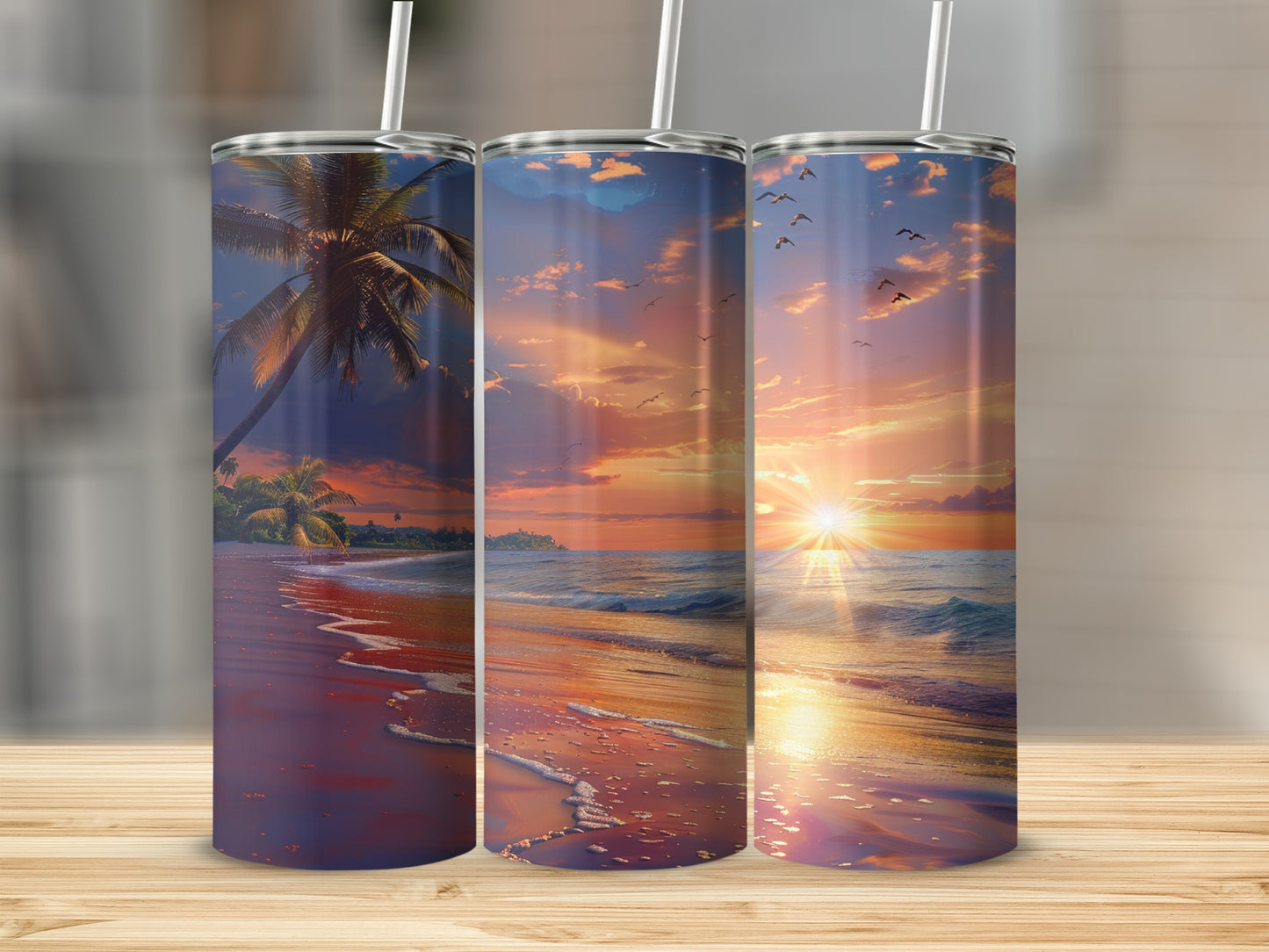 Three tumblers displaying a serene tropical beach sunset with palm trees.