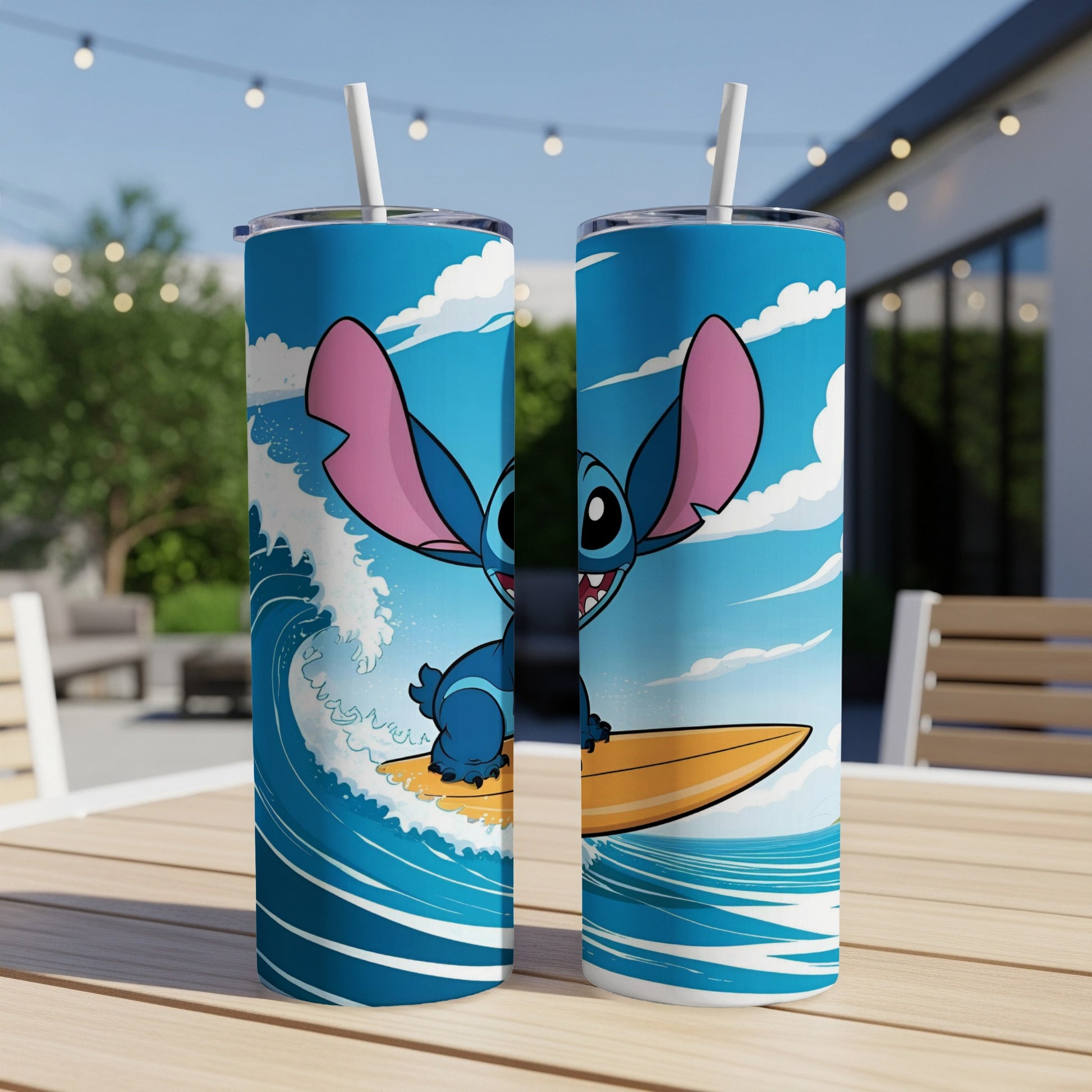 Stitch rides a surfboard on a wave under a blue sky.