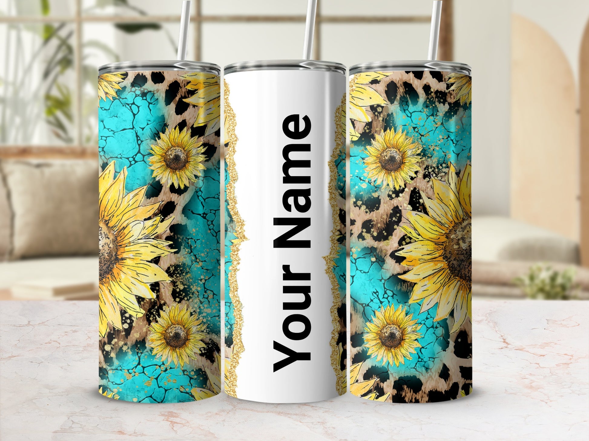 Personalized Sunflower and Leopard Print Tumbler