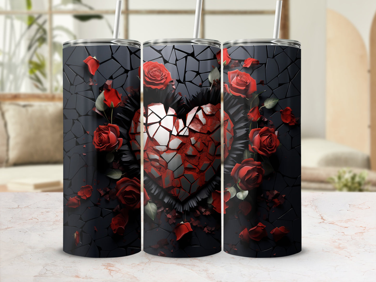 Shattered Heart Design with Red Roses Tumbler