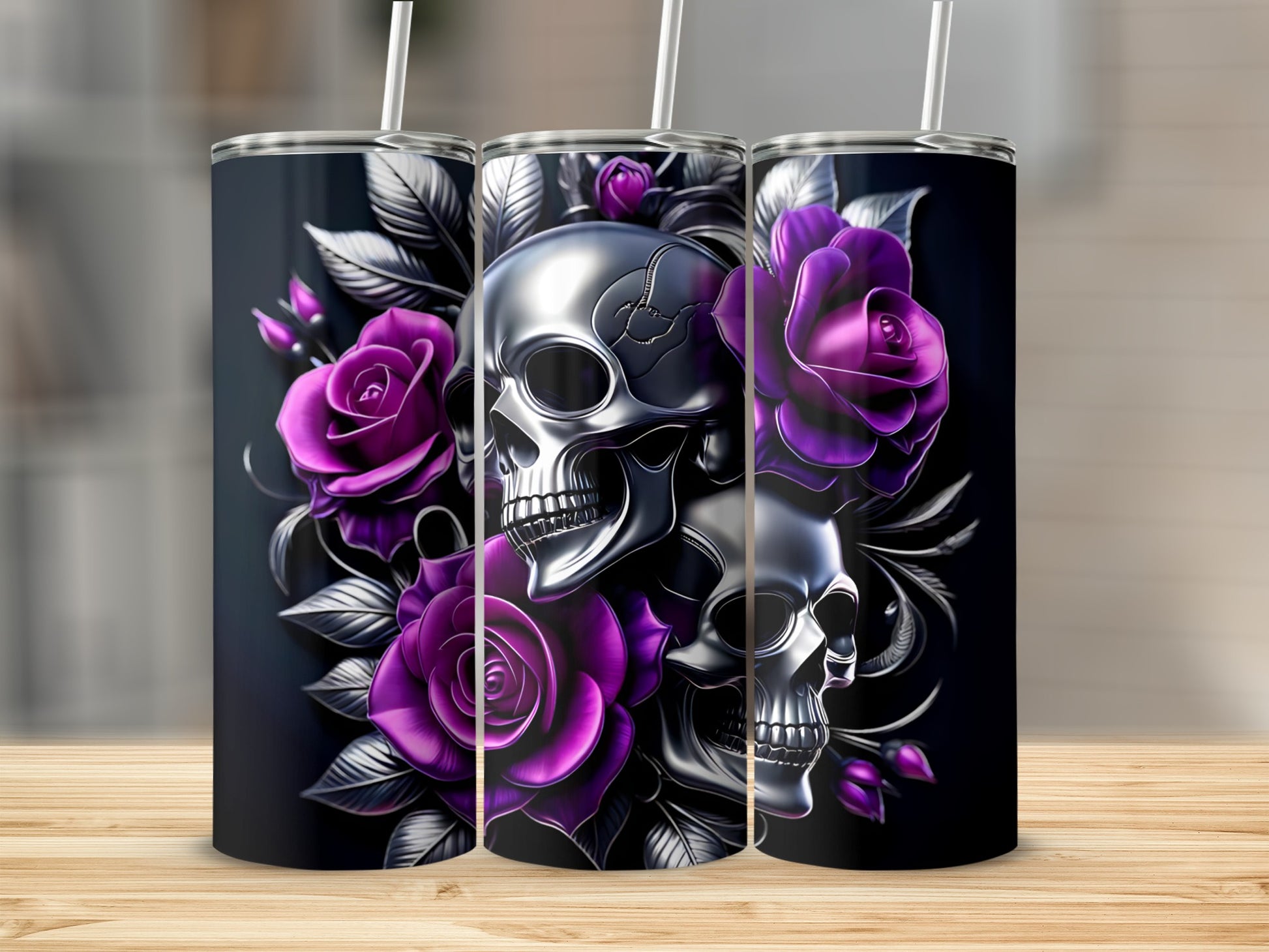 Three tumblers with skulls and purple roses against a dark background.