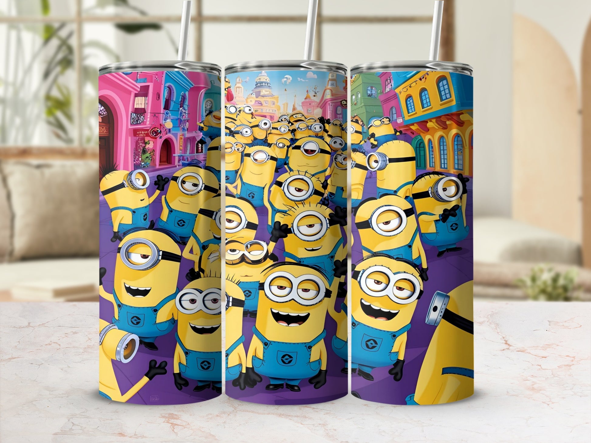 Three cylindrical tumblers with repeating Minions characters and colorful cityscape design.